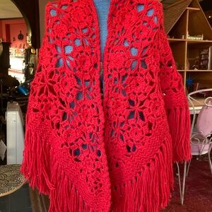 Red Crochet Shawl with Fringe